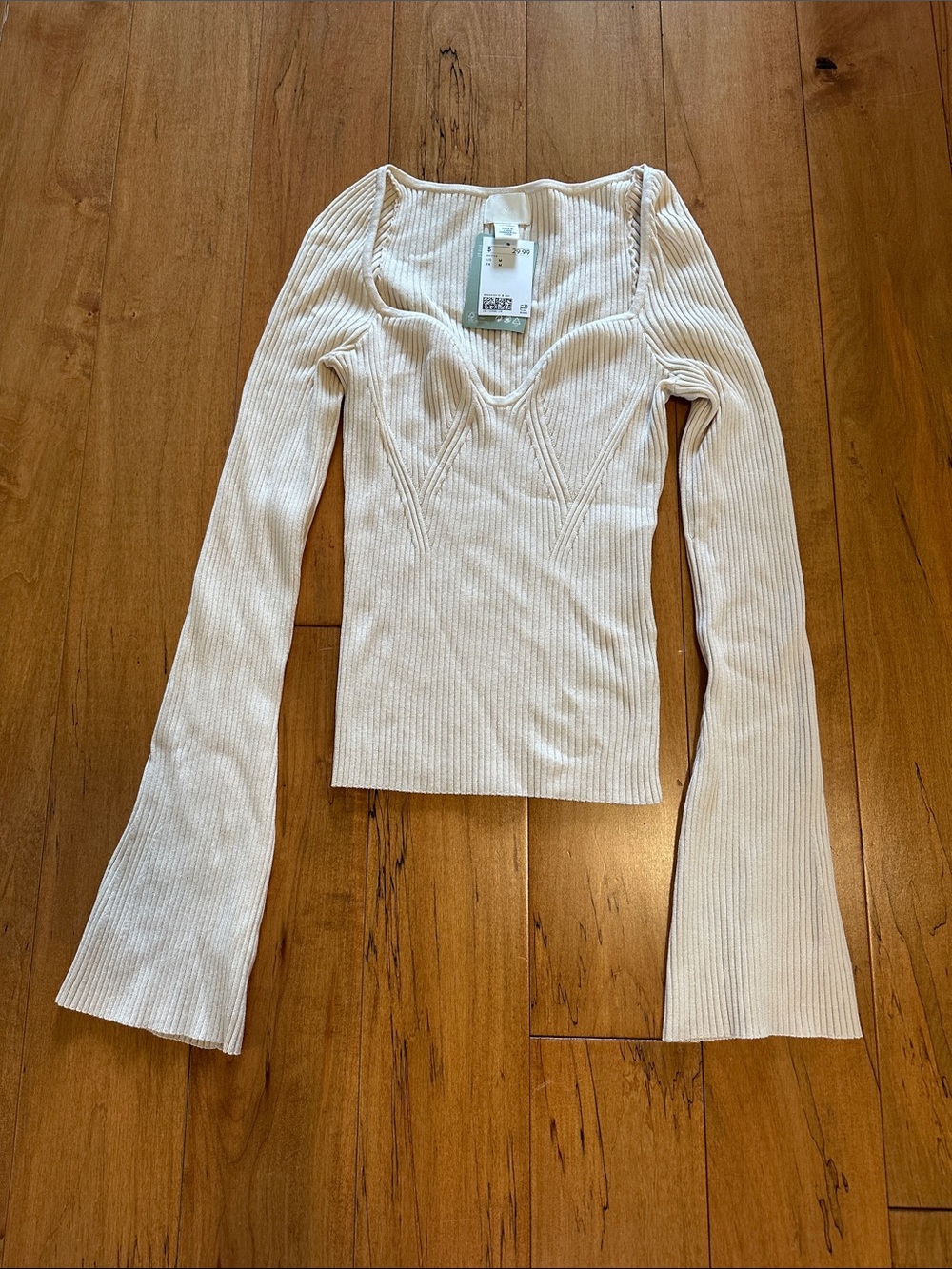 H&M Cream Ribbed Scoop Neck Long Sleeve Top